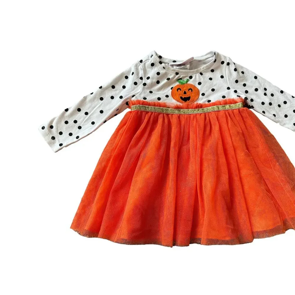 Bonnie Baby Girls 3-6M Orange Black White Halloween Themed Long Sleeve Dress